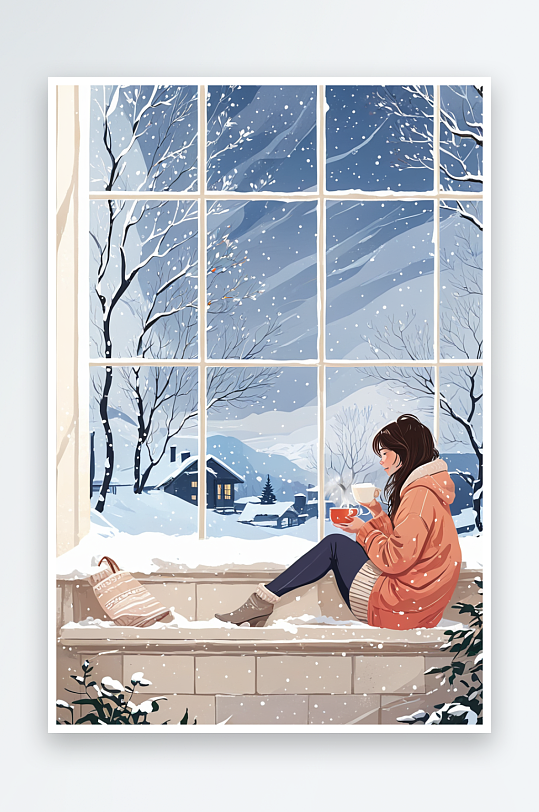冬天下雪室内喝茶看雪窗户外女孩
