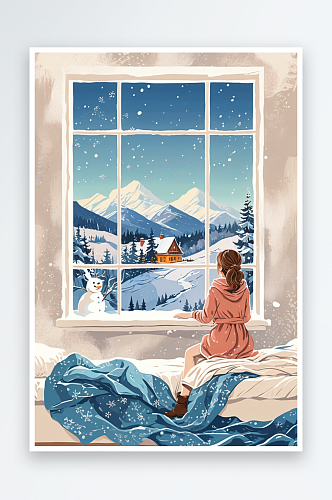 冬天女孩在室内窗边看雪看风景
