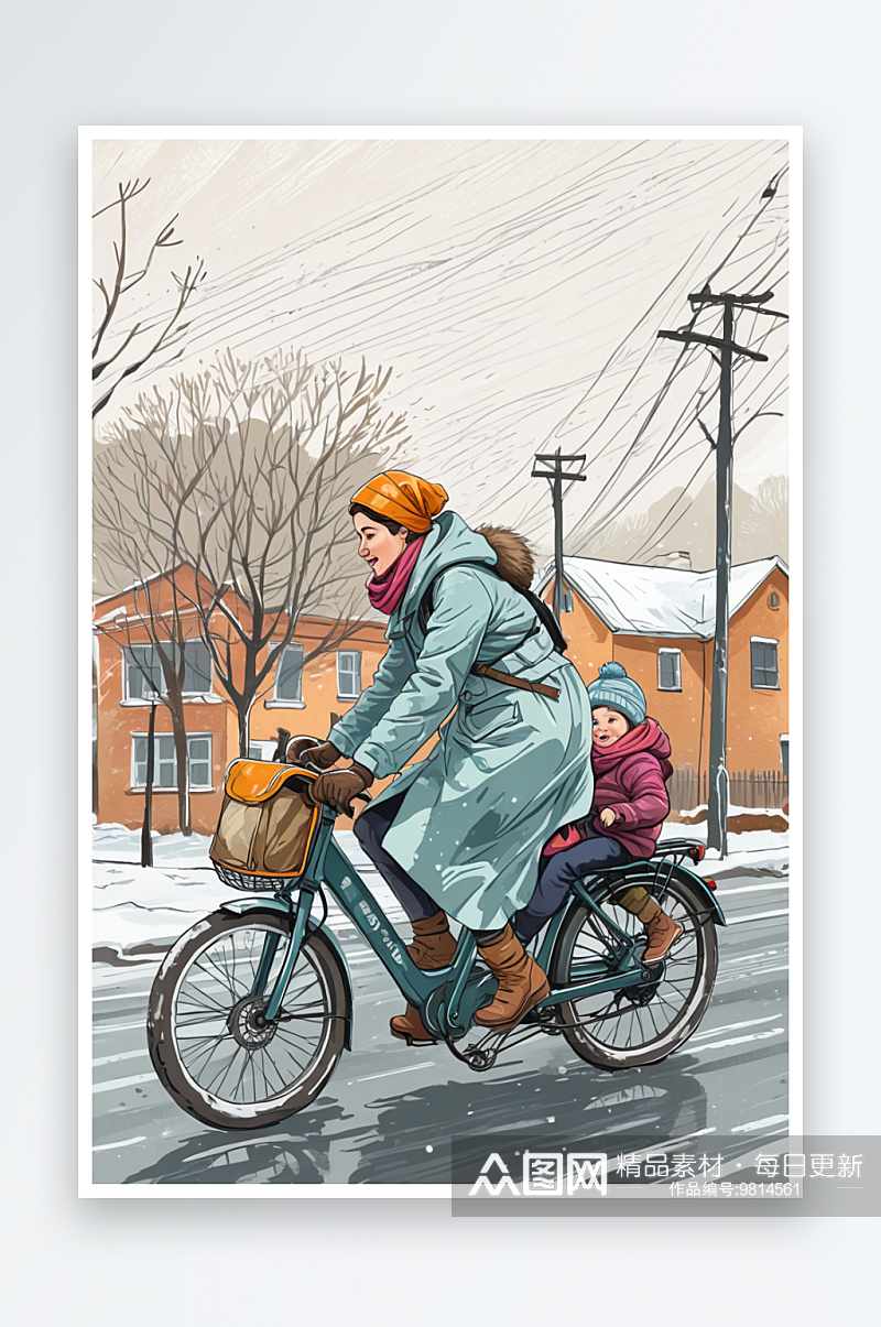 冬天妈妈骑电动车带孩子上学场景手绘插画素材