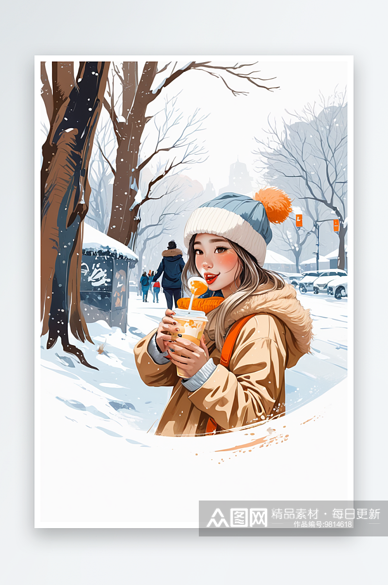 冬日女孩喝奶茶图片素材
