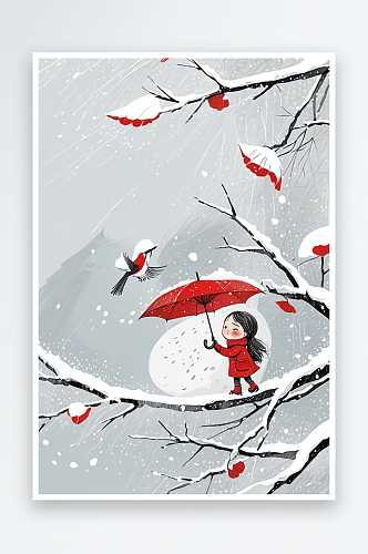 冬季下雪天给白色山雀撑伞的红衣小女孩儿手