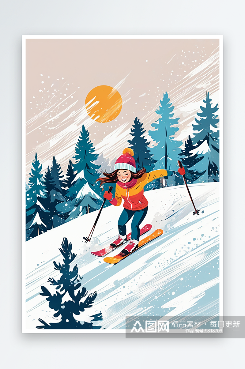 冬季户外滑雪运动躺在雪里休闲快乐松树女孩素材