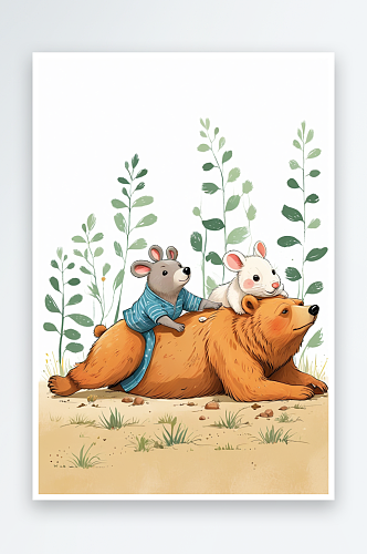 地面的熊和胸背上的老鼠兔子萌趣可爱的动物