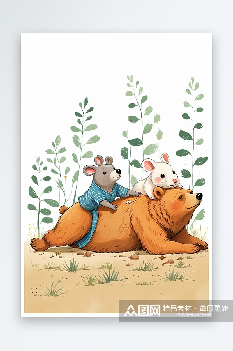 地面的熊和胸背上的老鼠兔子萌趣可爱的动物素材
