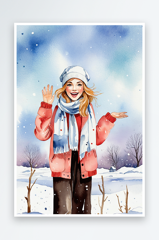 戴着帽子围巾的少女站在雪地挥手水彩插画