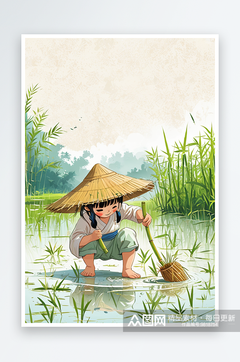 戴着斗笠的可爱小女孩在稻田里插秧素材