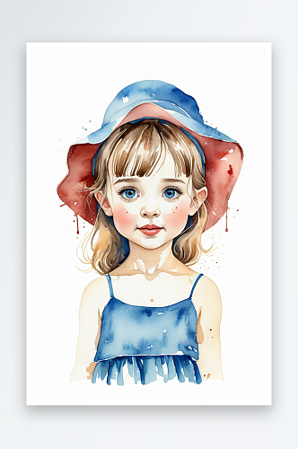 戴蓝色帽子穿蓝色吊带的小女孩水彩插画