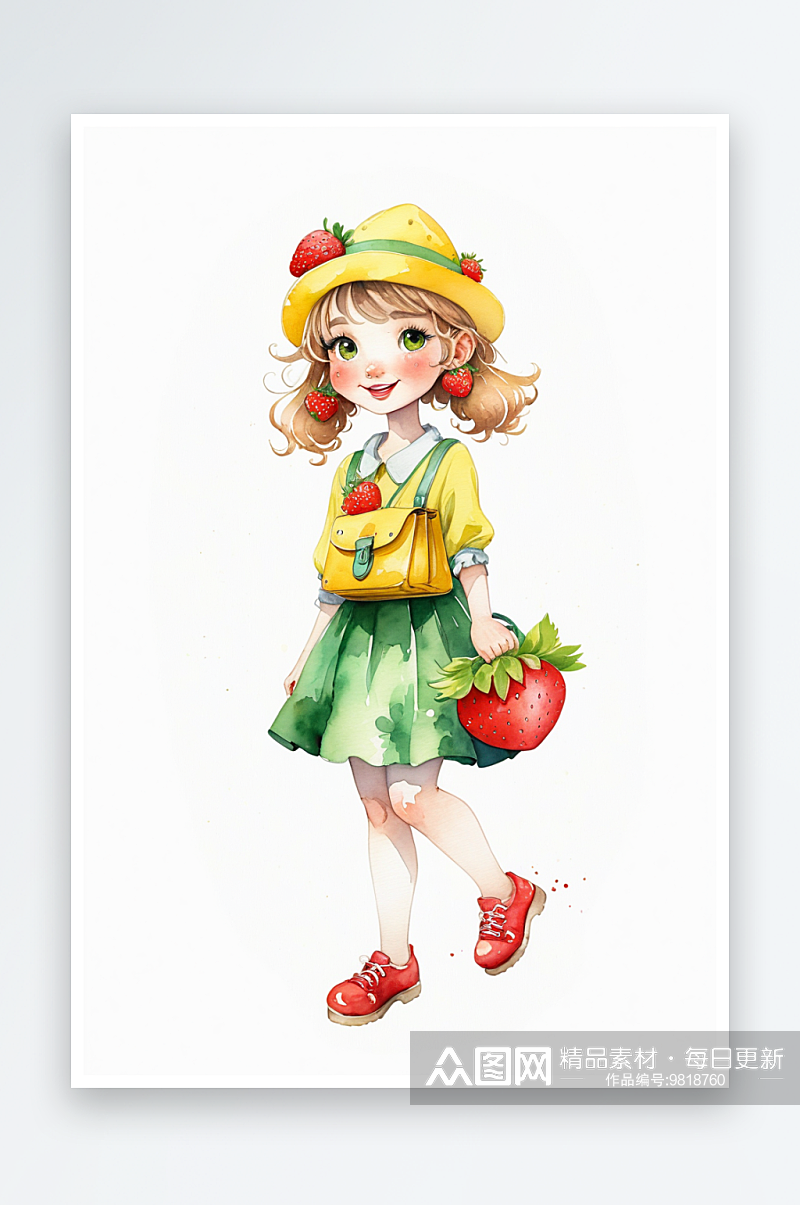 戴黄色卡通帽背草莓包包的绿裙子女孩水彩人素材