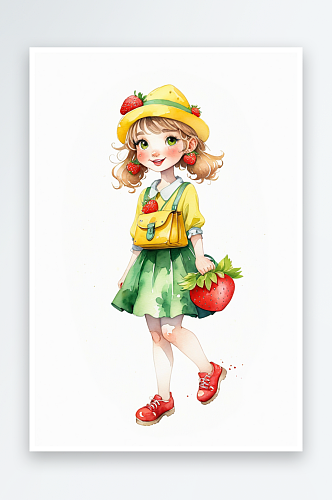 戴黄色卡通帽背草莓包包的绿裙子女孩水彩人