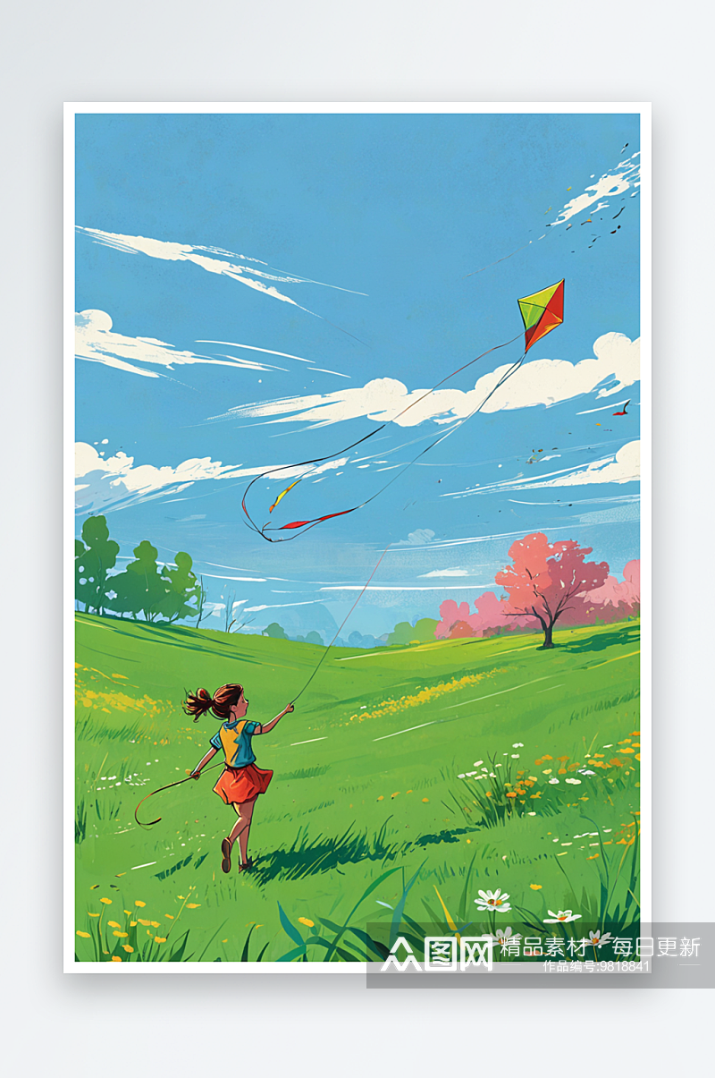 春天在草地上放风筝的女孩插画素材