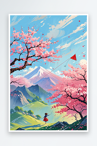 春天樱花树山下放风筝的女孩