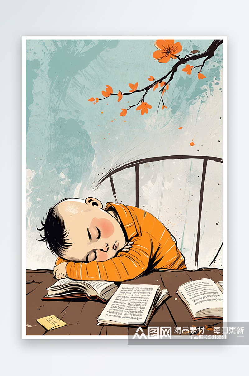 春天小孩读书犯困打瞌睡素材