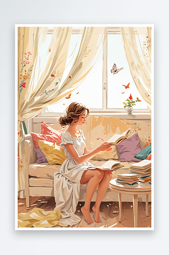 春天温柔的风吹开窗帘房间里读书的女孩