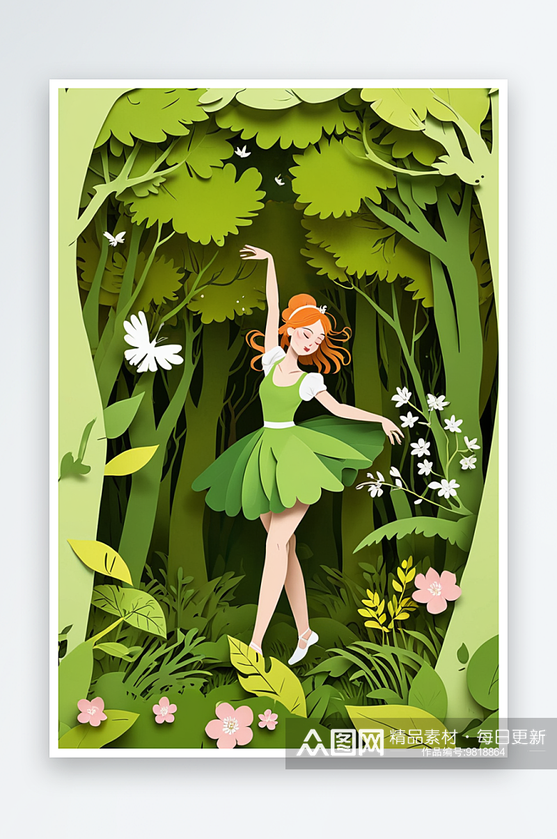 春天女孩在森林跳舞剪纸风格插画素材