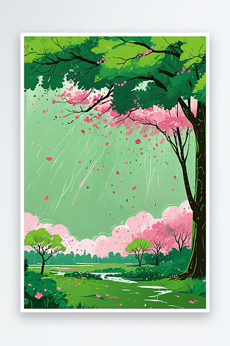 春天绿色的树粉色的花还有细细的雨