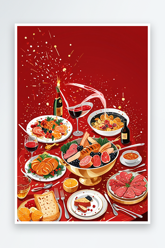 春节除夕年夜饭年货插画海报