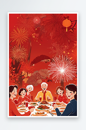 春节吃年夜饭的一家人新年合家欢吃团圆饭红