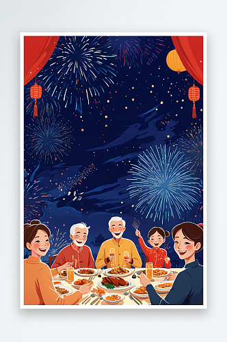 春节吃年夜饭的一家人新年合家欢吃团圆饭插