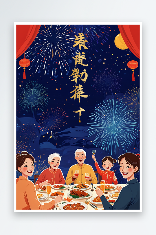 春节吃年夜饭的一家人新年合家欢吃团圆饭插