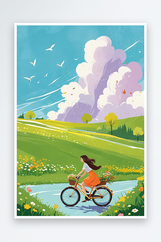 春季节气立春春分春天女孩骑车自然风景插画