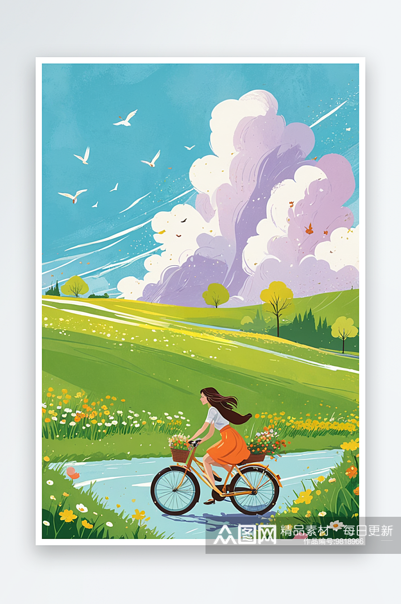 春季节气立春春分春天女孩骑车自然风景插画素材