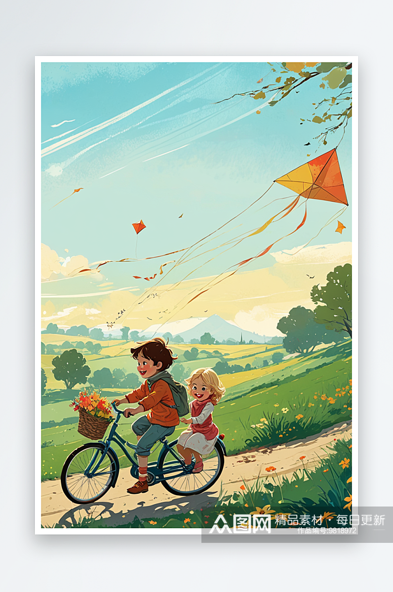 春分小男孩带着小女孩骑着自行车放风筝素材
