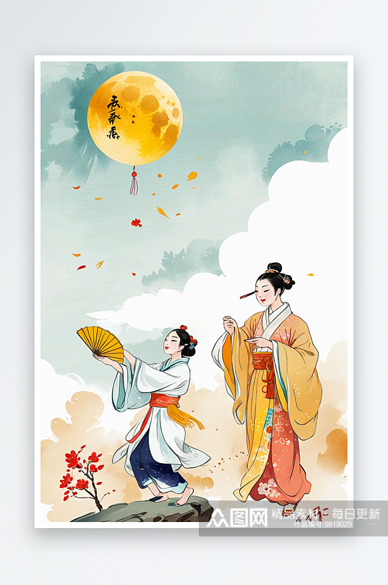 传统文化古代服装中秋节赏月文学插图素材