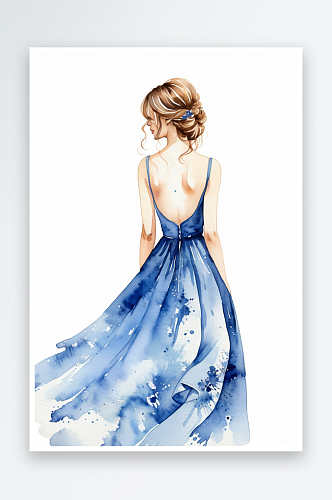 穿着蓝色梦幻连衣裙的少女后背手绘水彩插画