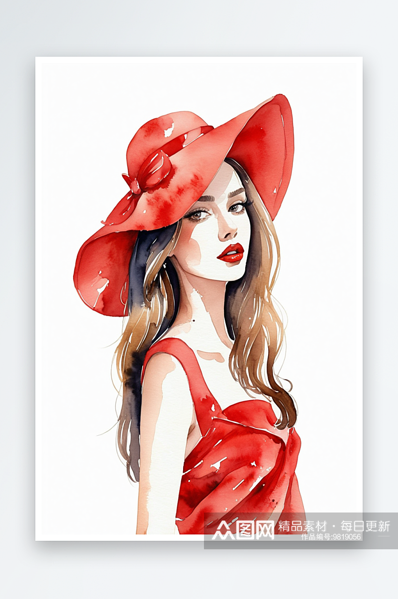 穿红色衣服戴着红色帽子的时尚女手绘水彩插素材
