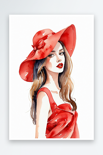 穿红色衣服戴着红色帽子的时尚女手绘水彩插
