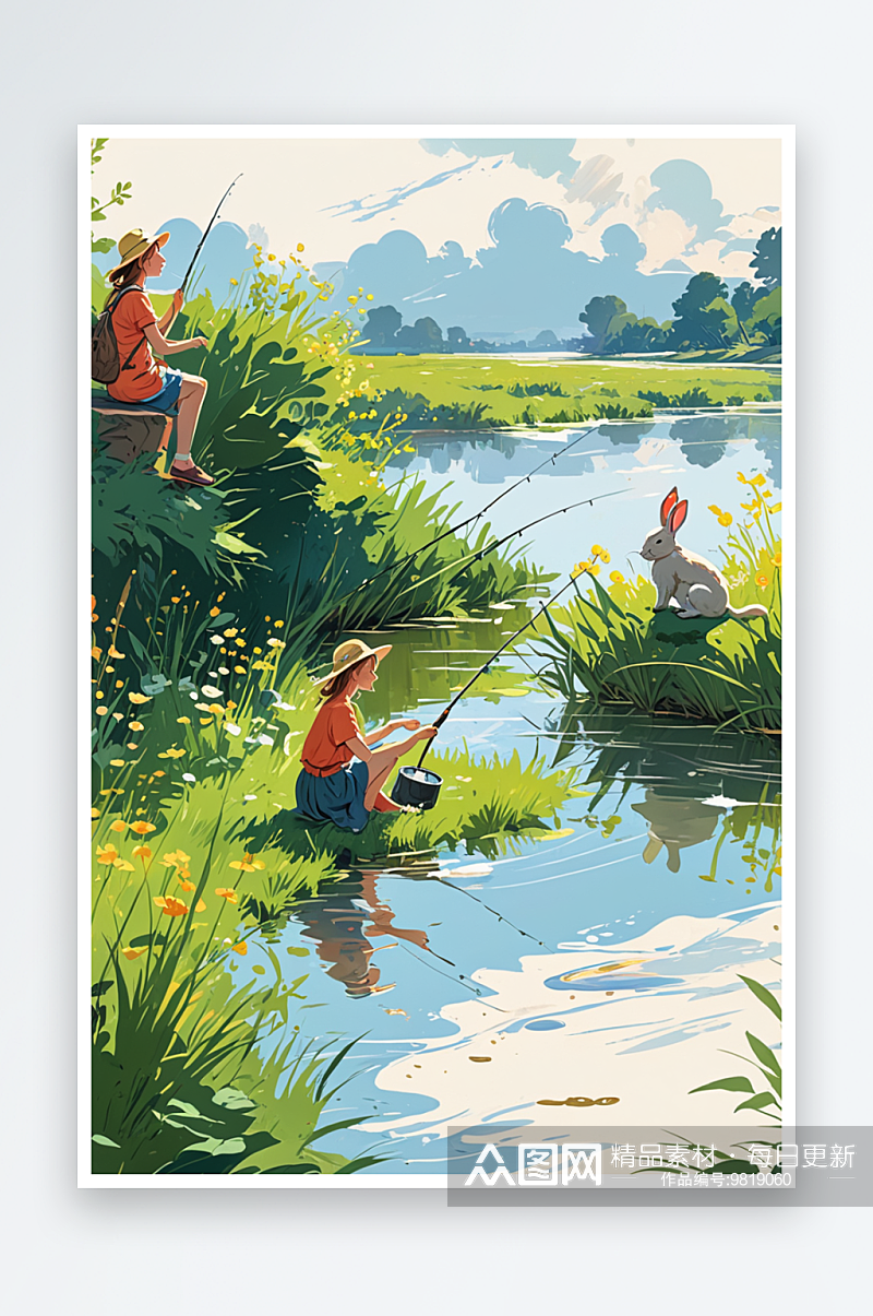 处暑节气天气凉爽河边女孩和兔子钓鱼素材