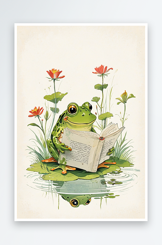 池塘边读书的青蛙儿童插画