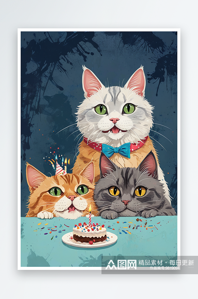 吃生日蛋糕的三只猫咪素材