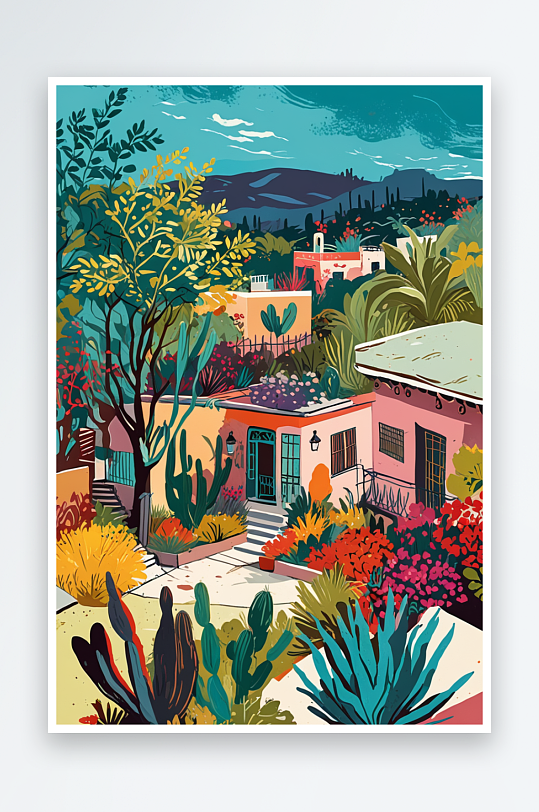 城市丘陵房屋花园景观墨西哥插图