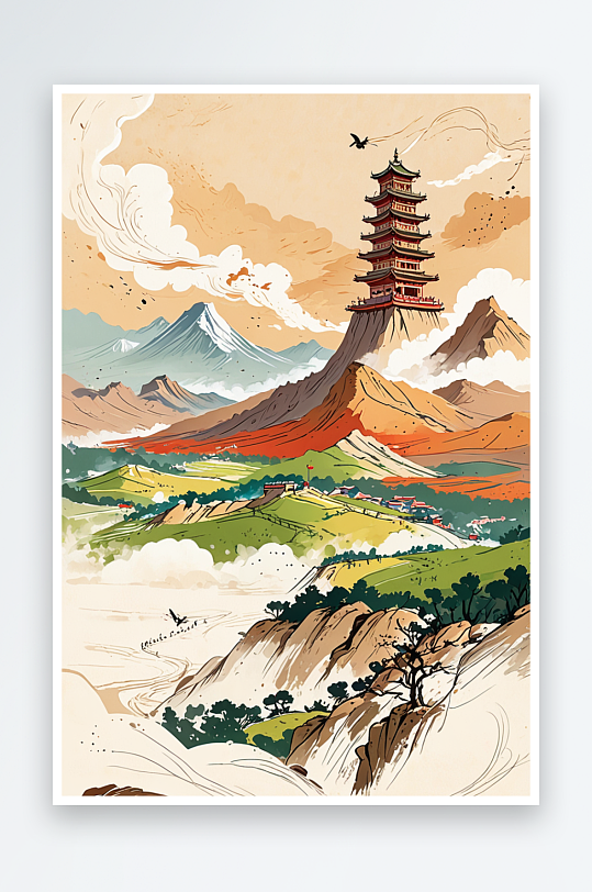 潮风甘肃省兰州白塔山插画
