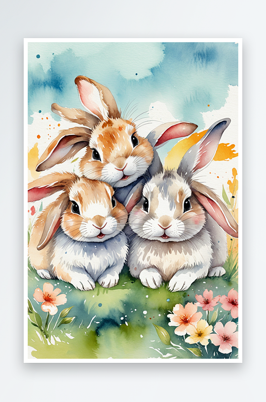 超可爱唯儿童插画动物水彩插画两只可爱的兔