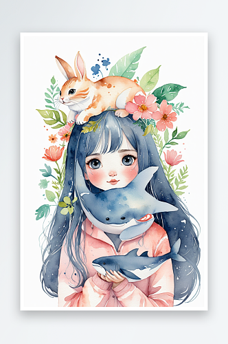超爱的绝水彩插画可爱的女孩鲸鱼兔子和猫