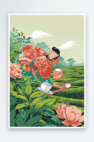 茶园里采茶的女人插画海报