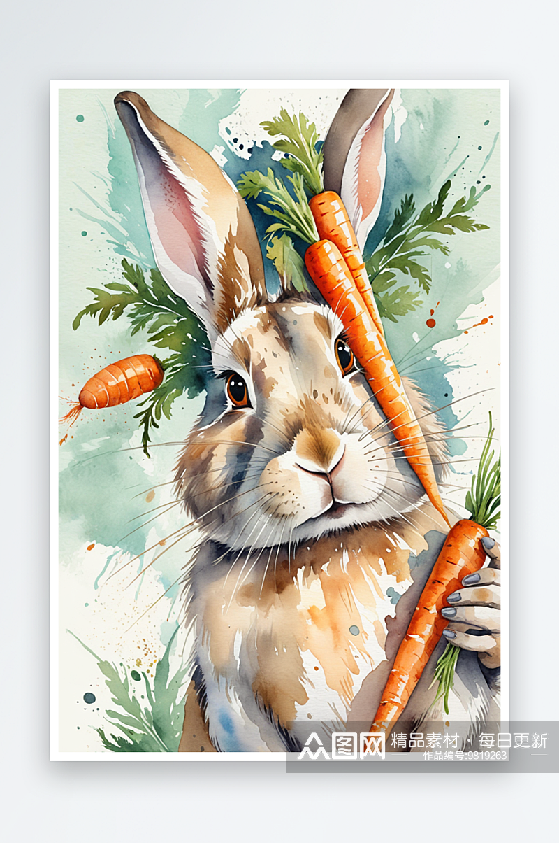 插图一只兔子与胡萝卜在水彩和图形素材