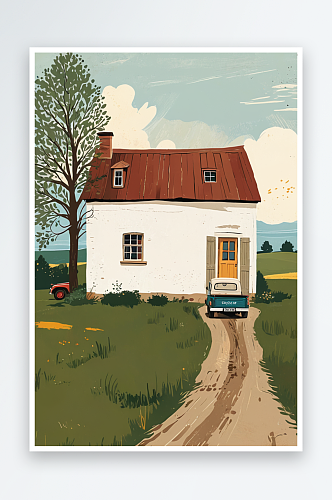 插图简单的小乡村别墅与老式卡车