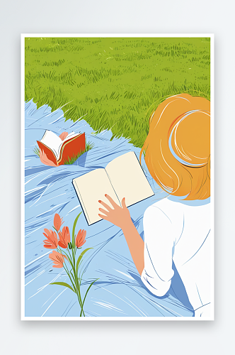 草地上看书的女生
