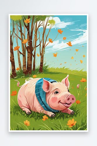 草地上的可爱小猪萌趣可爱的动物儿童插画