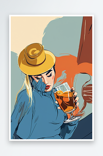 扁平风时尚插画系列喝酒的女人
