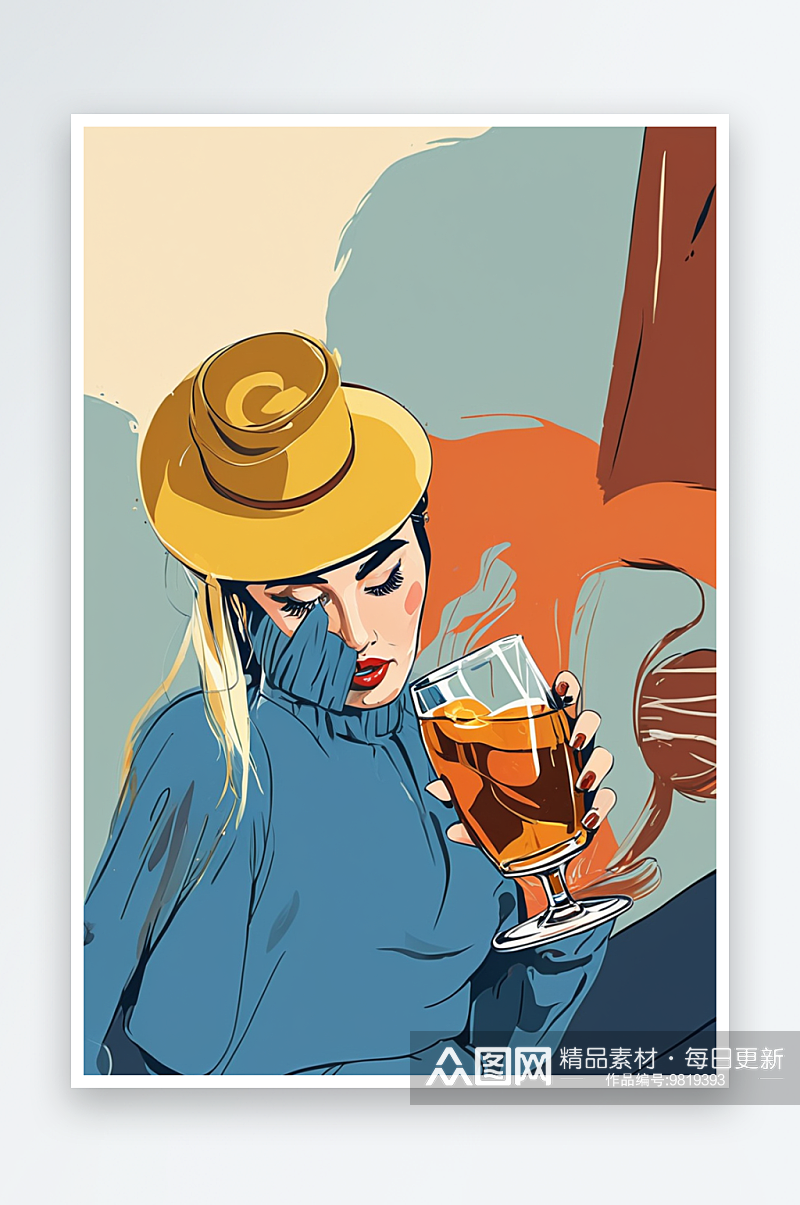 扁平风时尚插画系列喝酒的女人素材