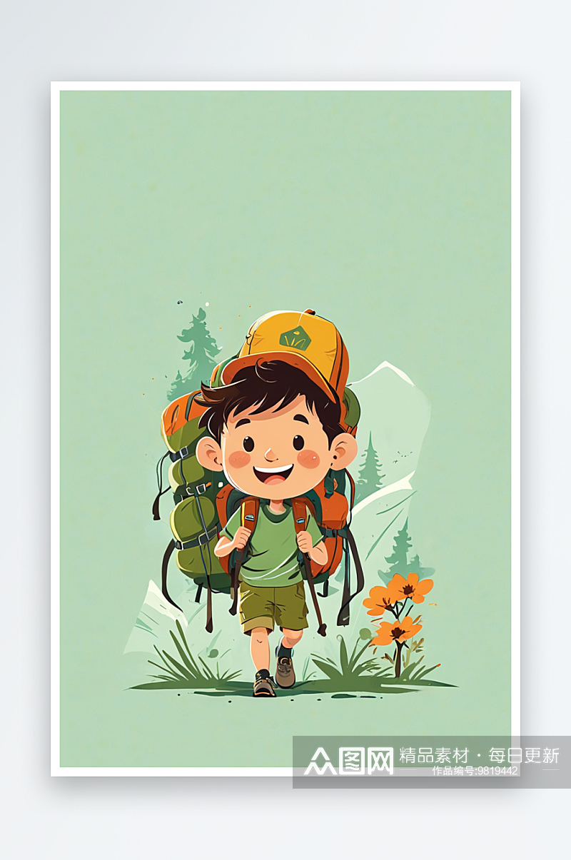 背着背包徒步旅行的夏令营男孩插画素材