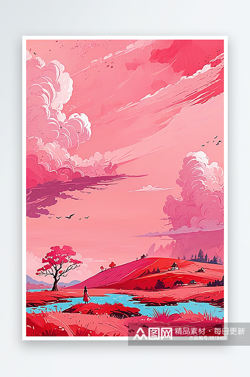背景唯插画粉红色的天空红色土地反复走入童素材