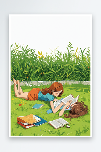 背景分离人物系列组图共多幅草地上看书的女