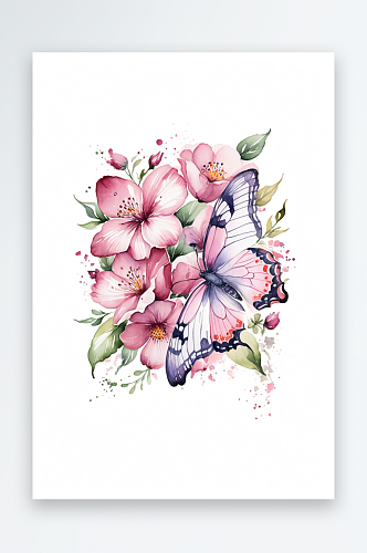 白色背景下水彩手绘粉紫红色花朵和蝴蝶的特