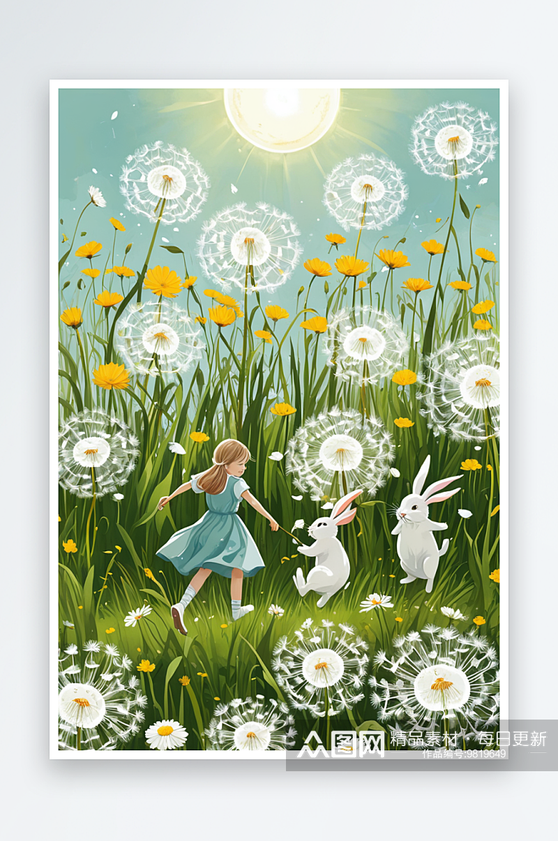 白露节气女孩和兔子在蒲公英草丛中玩耍素材