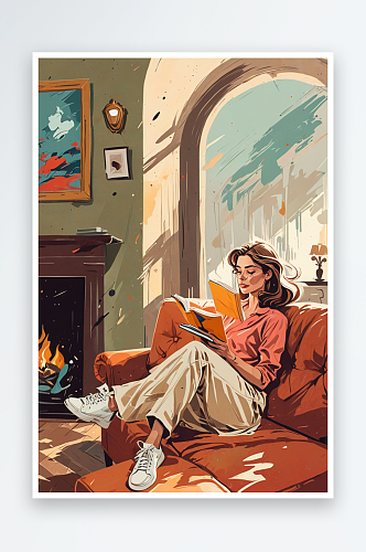 坐在沙发上看书的女人